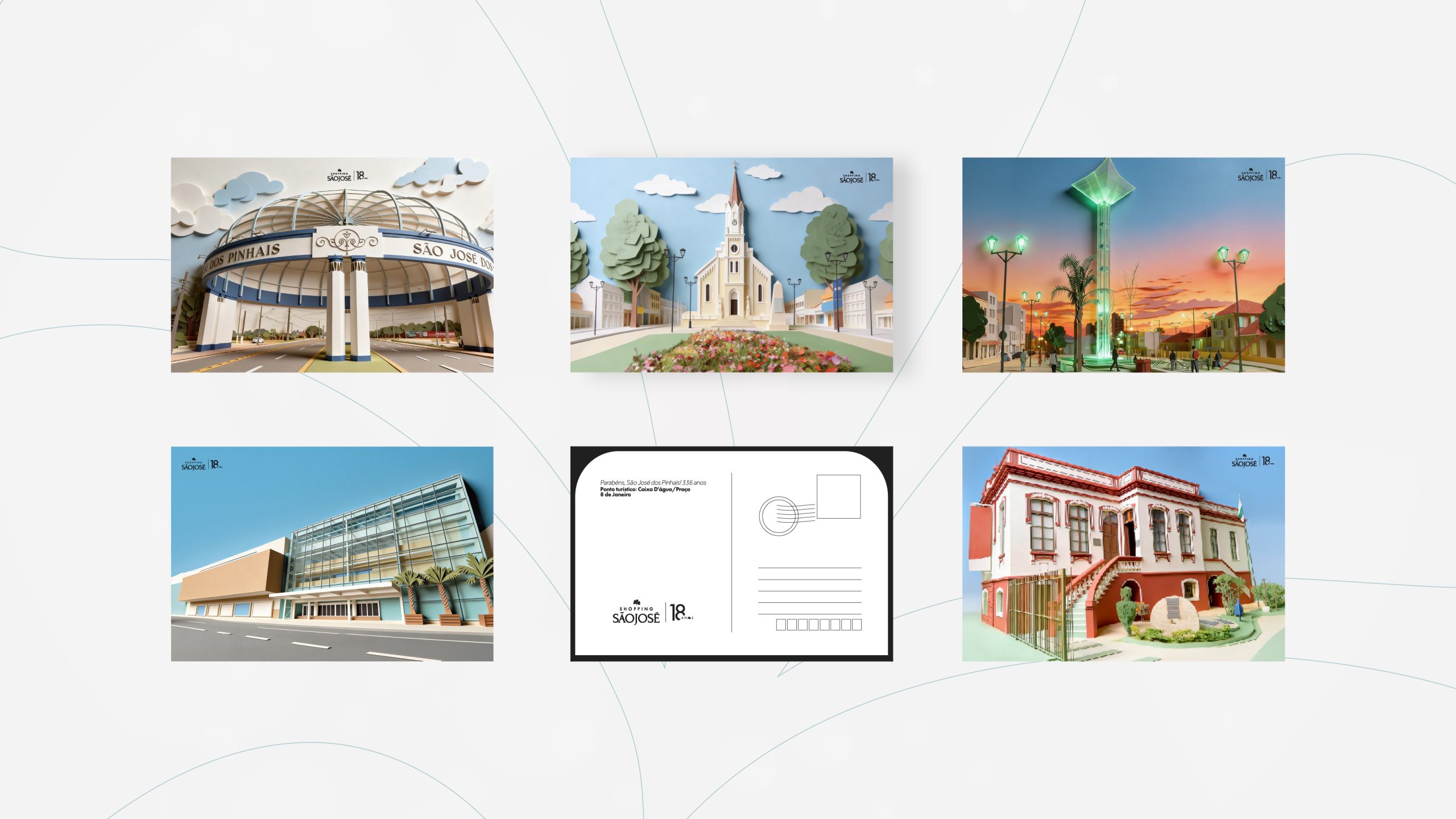 Campanha do Shopping São José com cartões-postais em estilo paper cut inspirados em pontos turísticos de São José dos Pinhais criada pela VERO