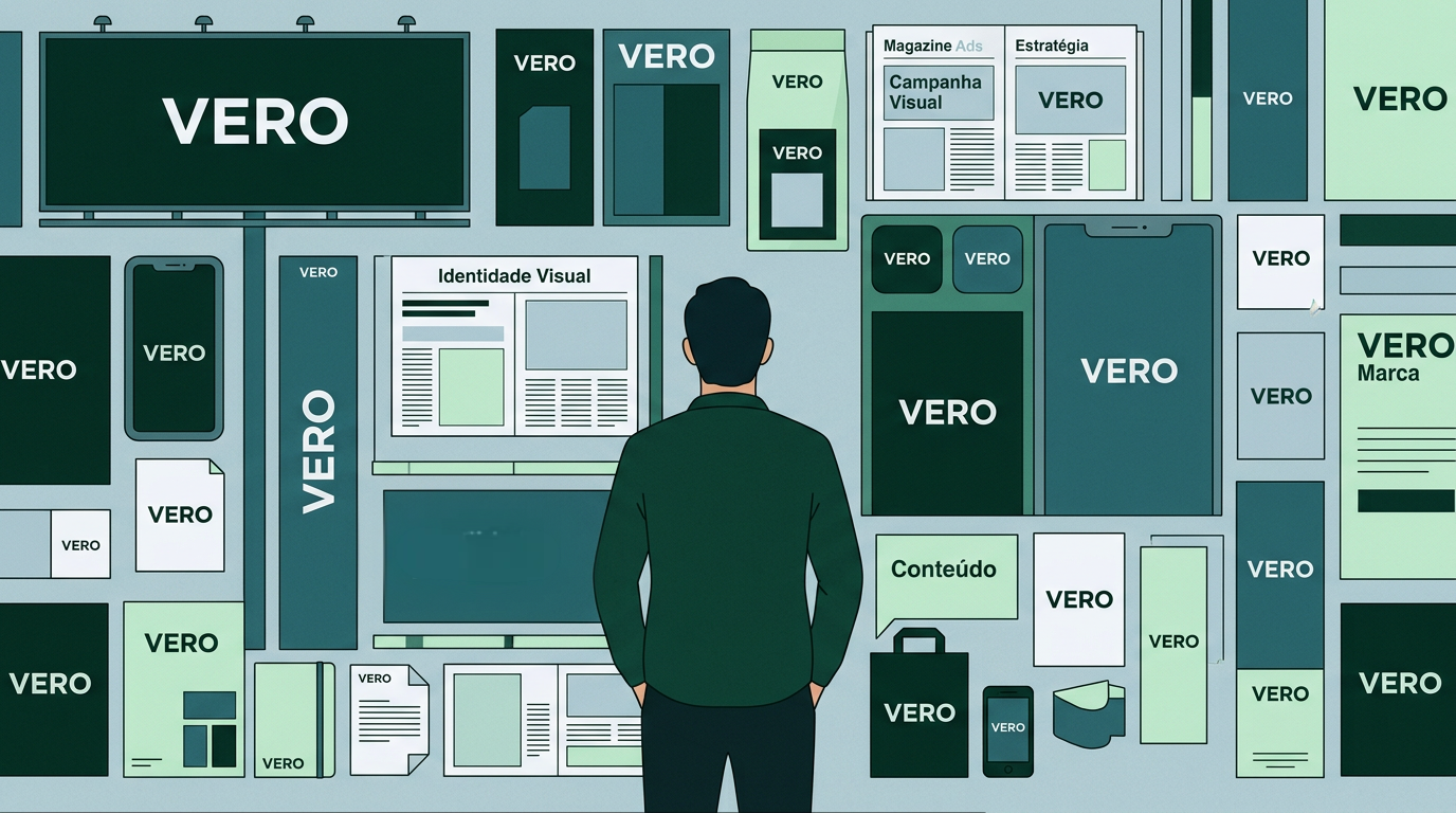Ilustração editorial mostrando uma pessoa observando uma parede com a marca VERO repetida em diferentes formatos de comunicação, representando a construção de marca ao longo do tempo